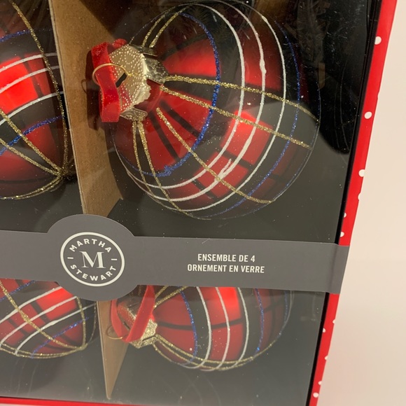 Martha Stewart Ornament Plaid Tartan Red Black Blue Glitter Glass Christmas - Picture 2 of 5
